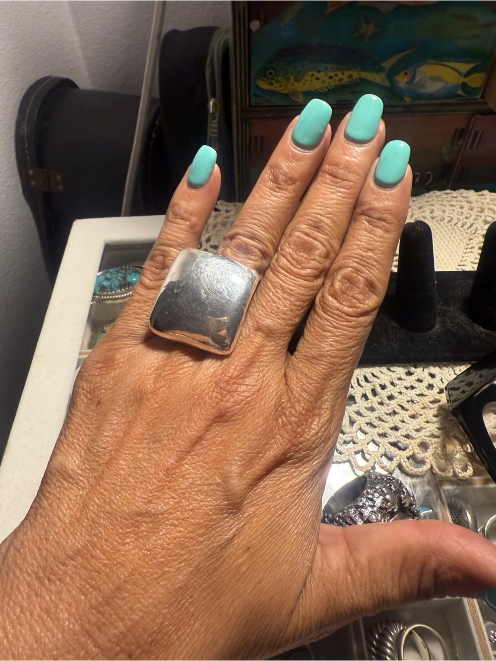 Silver Square Statement Ring with Turquoise Nails